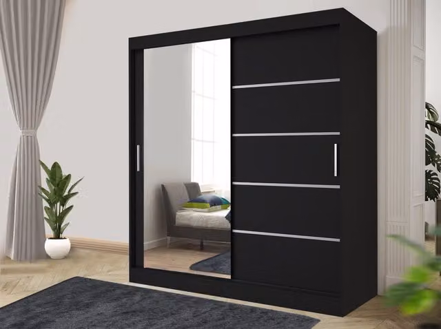 RAC3 Modern Grey and Black Sliding Door Wardrobe with Mirror and Integrated Drawers, Height: 203 cm