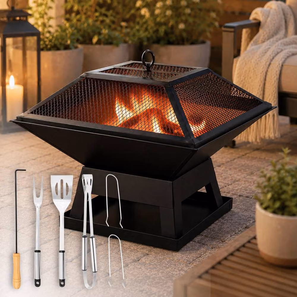 Marco Paul 2-in-1 Square Fire Pit and Charcoal BBQ with Grill and Accessories, Black, W/D/H: 45 x 35 x 45 cm – 4