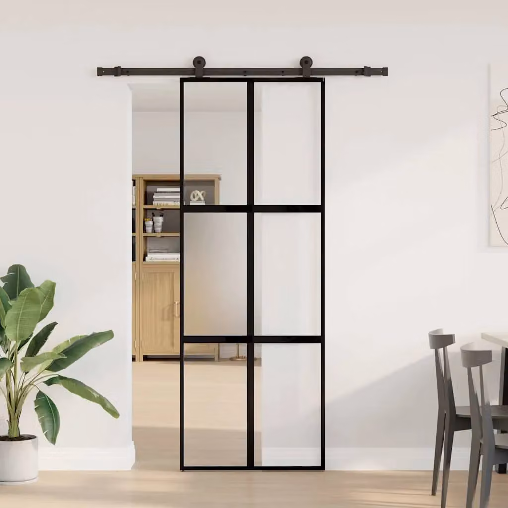 Berkfield Home Modern Sliding Door with Hardware Set, Black Aluminium and Transparent Tempered Glass, W: 76 cm, H: 205 cm – 2