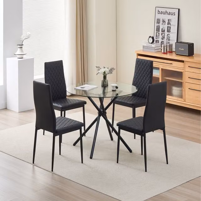 Madefor.living New York Round Glass Dining Table and Emily Leather Chairs Set in Black