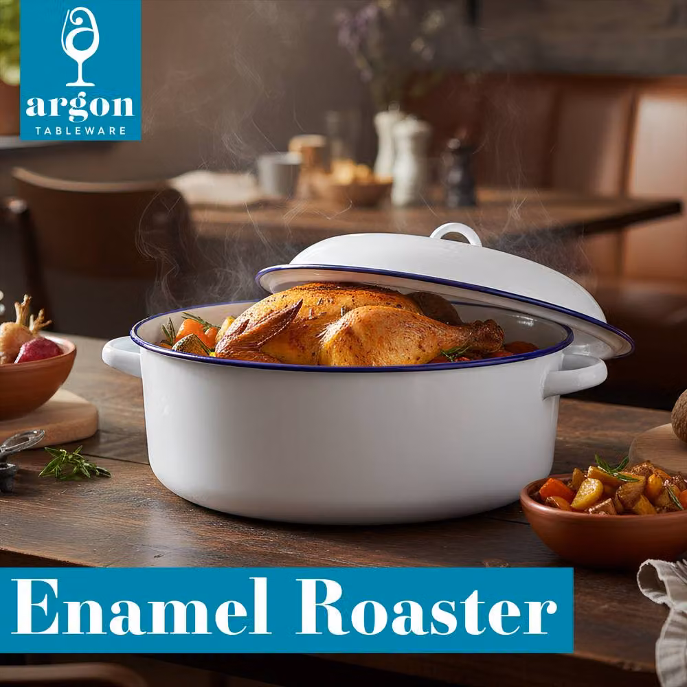 Argon Tableware White and Blue Round Enamel Steel Roasting Dish with Lid, Diameter: 30 cm – 2