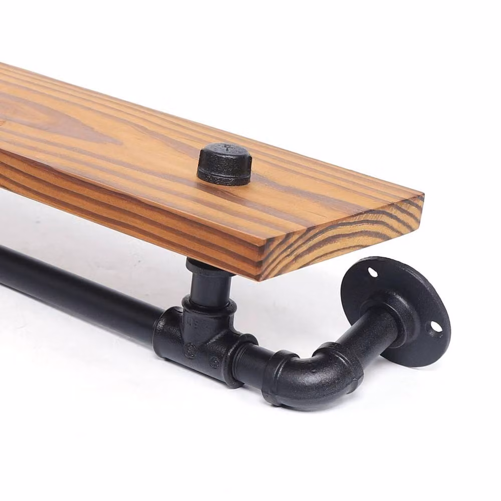 VOGREX Industrial Metal Pipe and Wood Floating Wall Shelf in Brown – 2