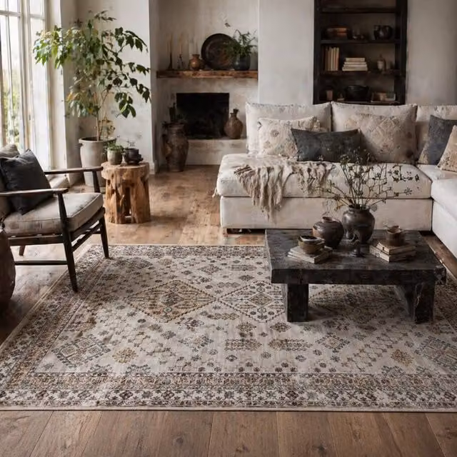 Wyld Haus Kefado Beige Vintage Style Washable Rectangular Rug W: 170 cm, D: 120 cm