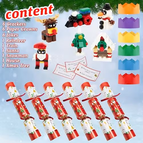 KreativeKraft Luxury Pop Christmas Crackers, Pack of 6 Red and Multicolour Novelty Xmas Crackers with Blocks – 4