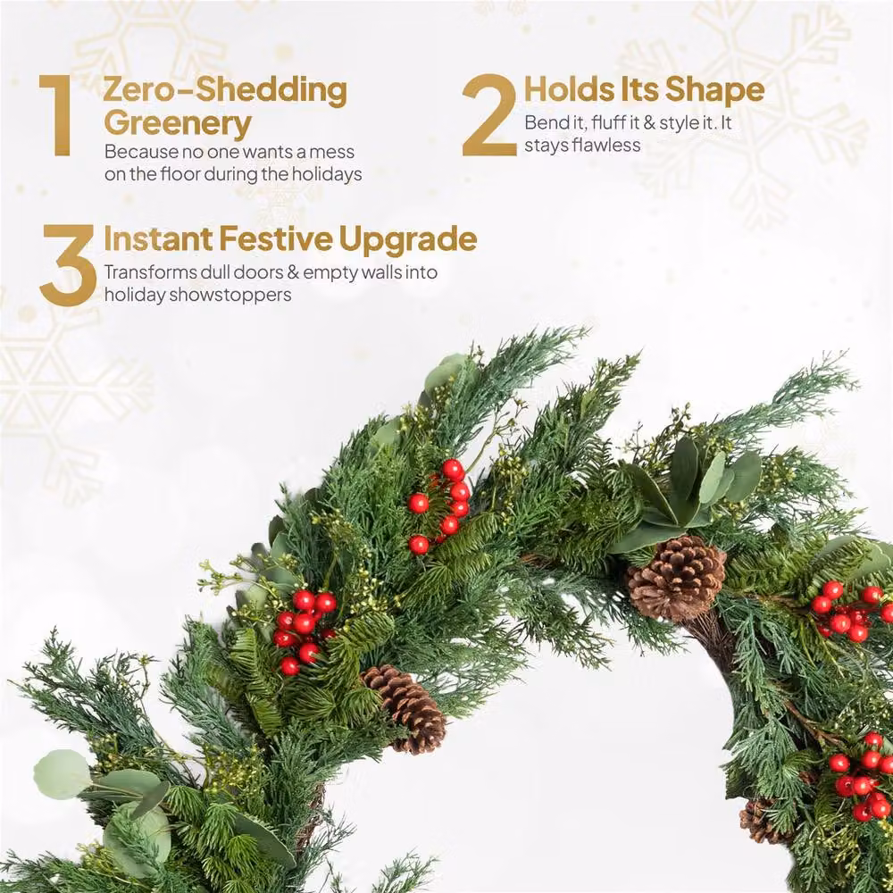 Shatchi Christmas Wreath with Red Berries and Pinecones in Green, Diameter: 90 cm – 5