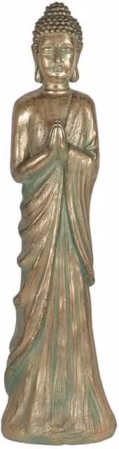 KDMK Gold and Yellow Verdigris Effect Standing Oriental Buddha Garden Statue