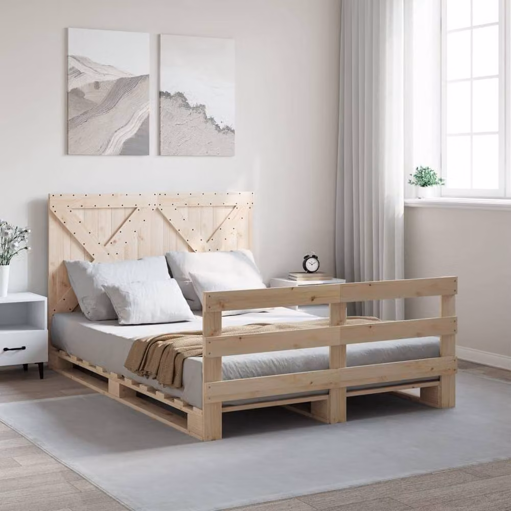 Berkfield Home Beautiful Bed Frame with Headboard in Natural Pine, W/D/H: 140 x 200 x 104 cm – 2