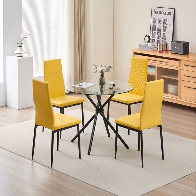 Madefor.living New York Round Glass Dining Table and Emily Leather Chairs Set in Yellow