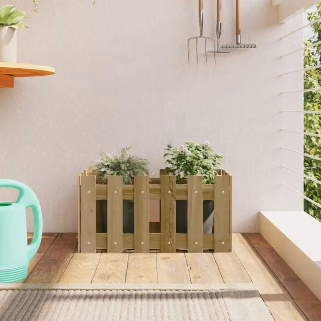 Berkfield Home Garden Planter with Fence Design in Brown, Impregnated Wood and Plastic, W: 60 cm, D: 30 cm, H: 30 cm – 1