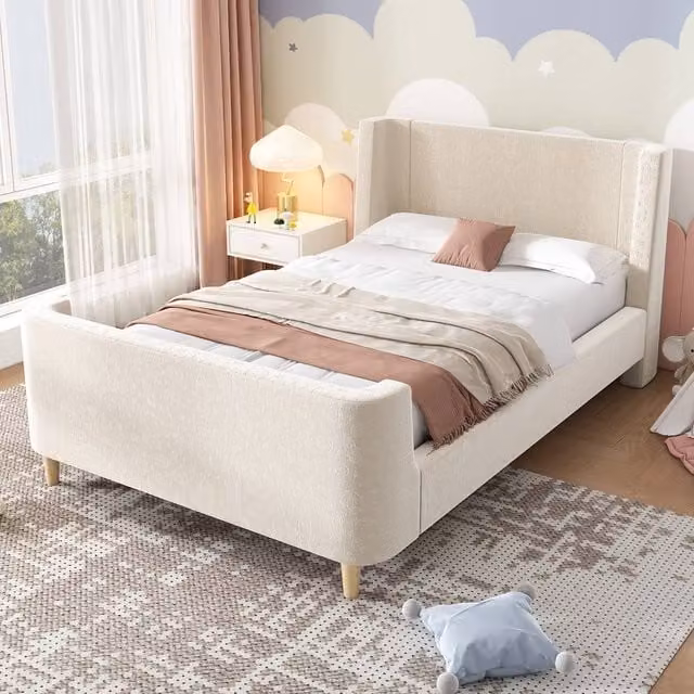 Merax Single Upholstered Velvet Bed Frame for Children in Beige, W/D/H: 90 x 190 x 100 cm – 1