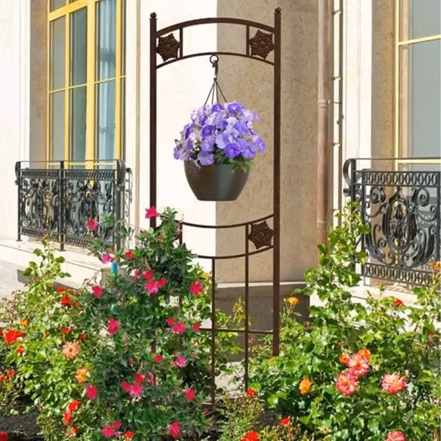 Primrose Brown Steel Free Standing Rosette Design Trellis with Basket Window Support
