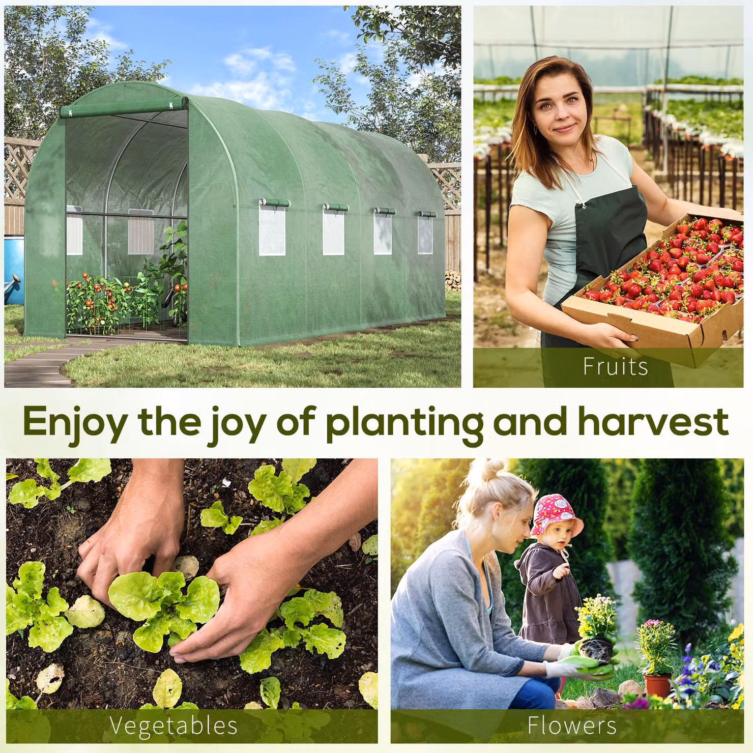 Outsunny Green Polytunnel Walk-in Greenhouse with Zip Door and Windows – 3