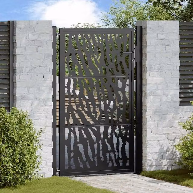 Berkfield Black Steel Garden Gate with Trace Design, W: 105 cm, H: 155 cm