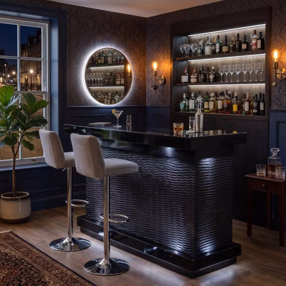 Home Luxe Aura Black Glossy Drinks Bar with LED Lights, Bluetooth Speakers and Glass Details – 2