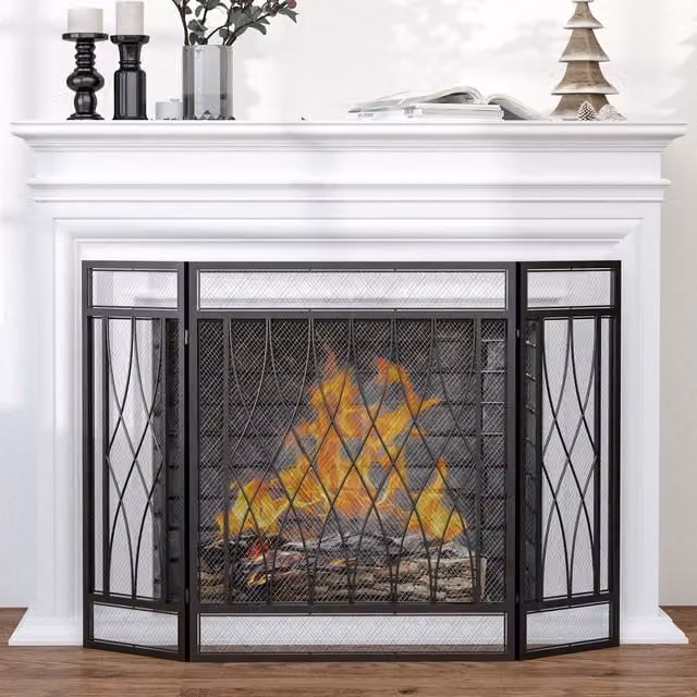 HOMCOM 3 Panel Metal Folding Fireplace Screen Protective Guard in Black, 126 cm