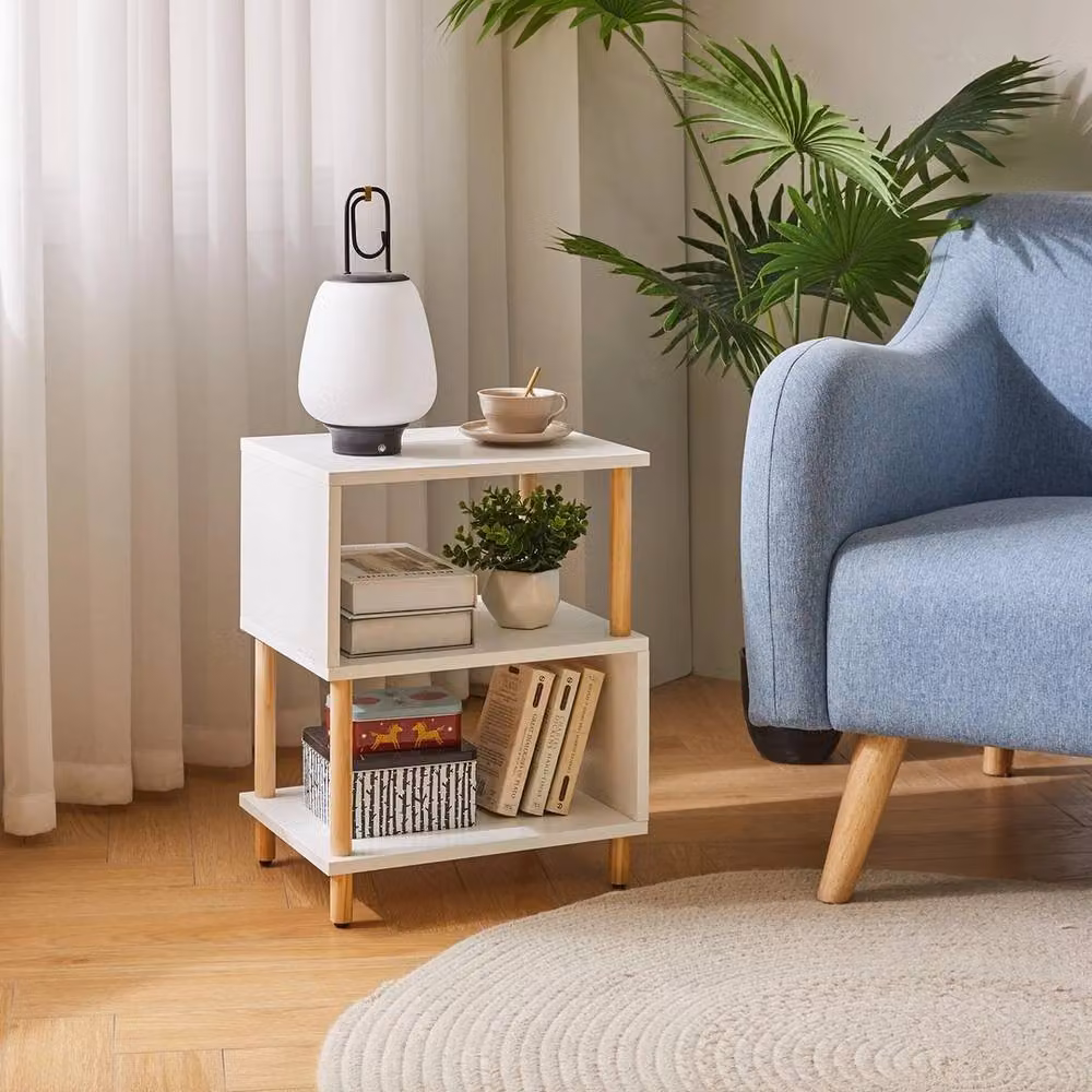 FORGEVIO White Modern Side Table with Wood Legs and Nested Tops, W/D/H: 50.5 x 40.0 x 40.0 cm – 4