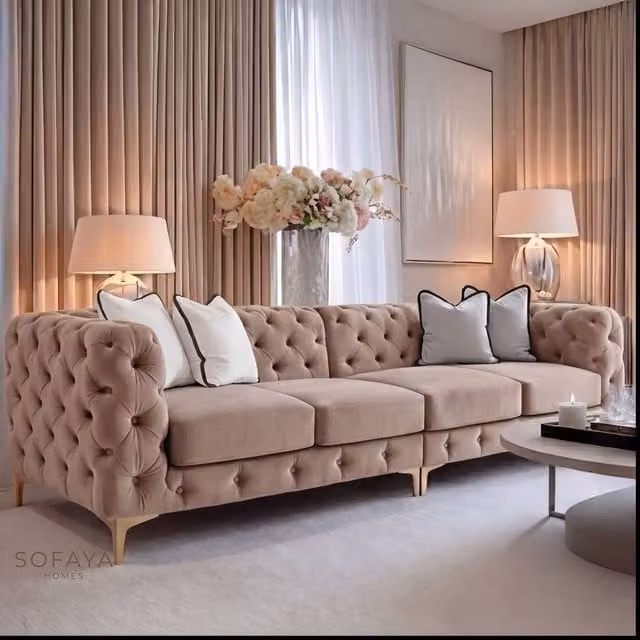 Sofaya Monaco Chesterfield 4 Seater L-Shape Velvet Sofa in Light Brown with Scatter Cushions