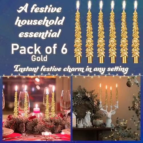 Deco Express Christmas Tree Dinner Candle Set, Gold, 6 Pieces – 3
