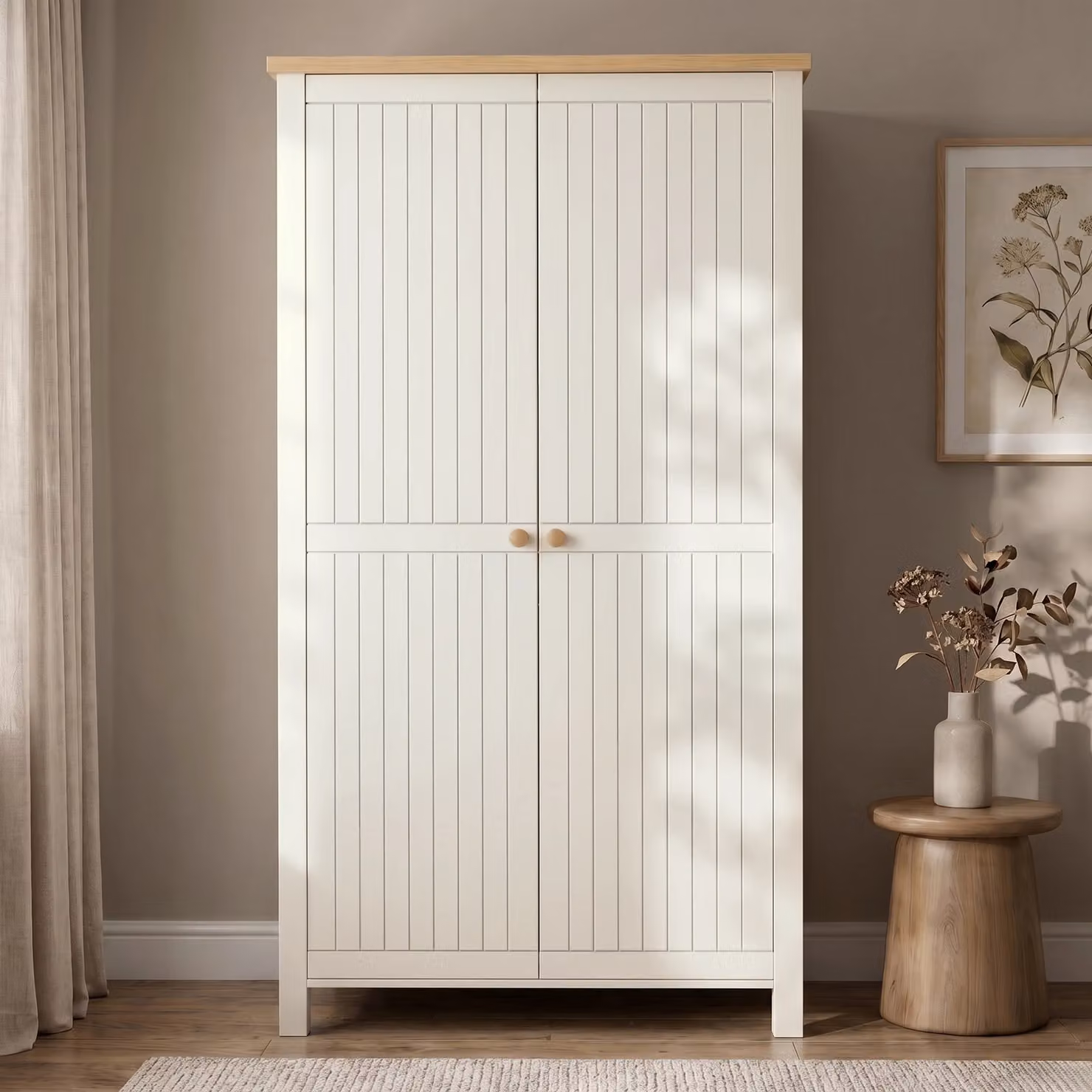 DHS White Mid-Century Oak 2 Door Double Wardrobe with Soft Close Doors, Internal Shelves and Hanging Rod, H 186 x W 97.5 x D 55.5 cm