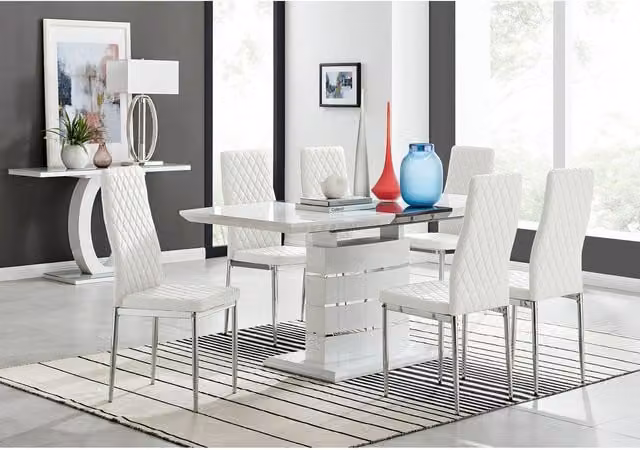 FurnitureboxUK Renato High Gloss Extending Kitchen Dining Table and 6 Milan Synthetic Leather Chairs in White