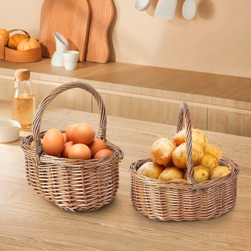 SPETLEK Set of 2 Natural Wicker Rattan Flower Organising Baskets with Handles in Brown and Beige – 2