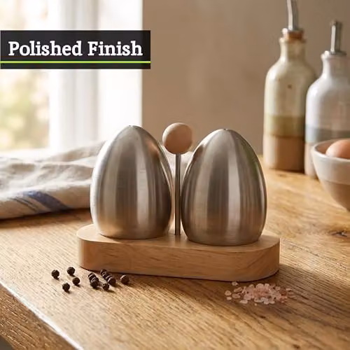 Orsina Stainless Steel and Rubberwood Salt and Pepper Shaker Set with Stand, Silver, H 13 x W 9 x D 7 cm – 4