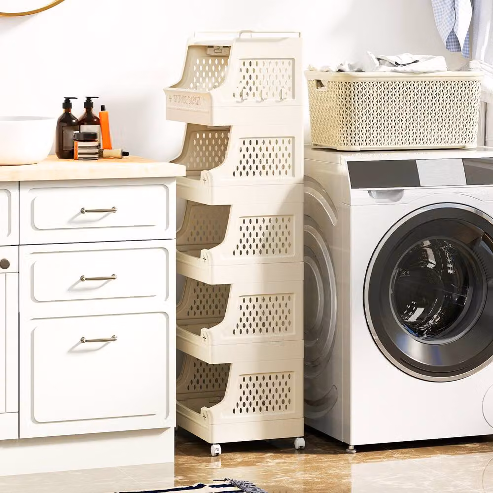 Costway 6-Tier Stackable Plastic Rolling Laundry Basket Storage Cart with Wheels in Beige – 2