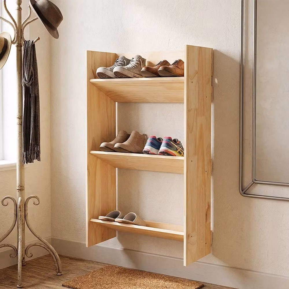 SPETLEK Rustic Brown Wall Mounted Wood Shoe Storage Rack for Hallways – 2