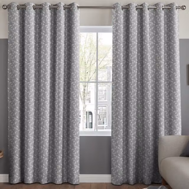 Simply Collection Leaf Vine Made to Measure Blackout Eyelet Curtain Panel in Grey Floral Design