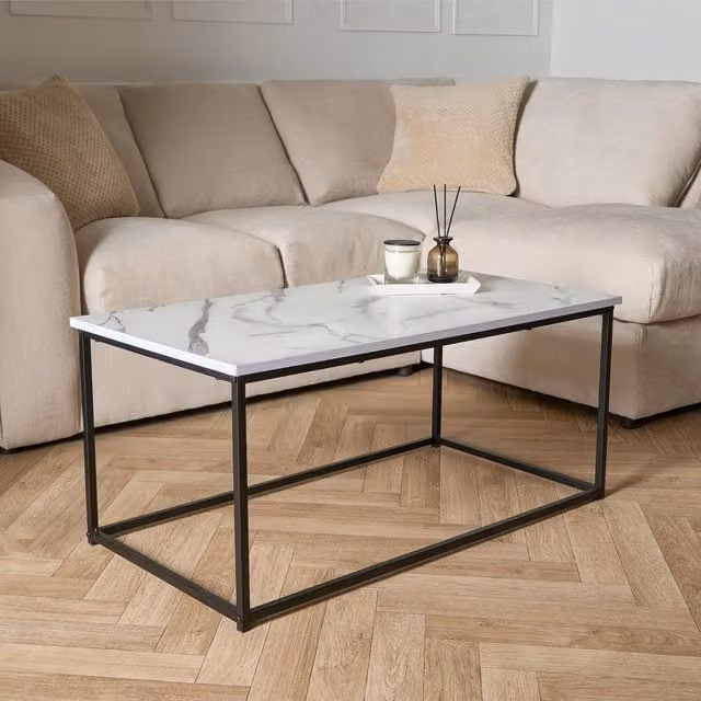 OHS Modern Rectangular Marble Top Coffee Table with Metal Sled Base in White