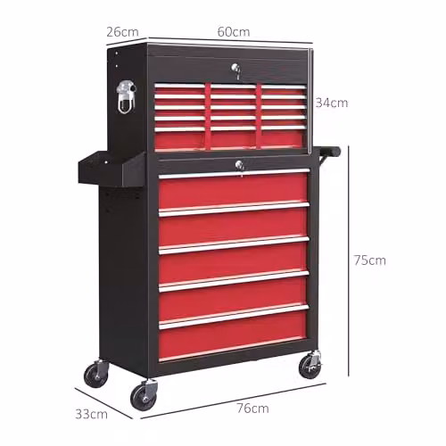 HOMCOM 2 in 1 Rolling Tool Cabinet with 14 Drawers, Pegboard and Lockable Top in Red – 3