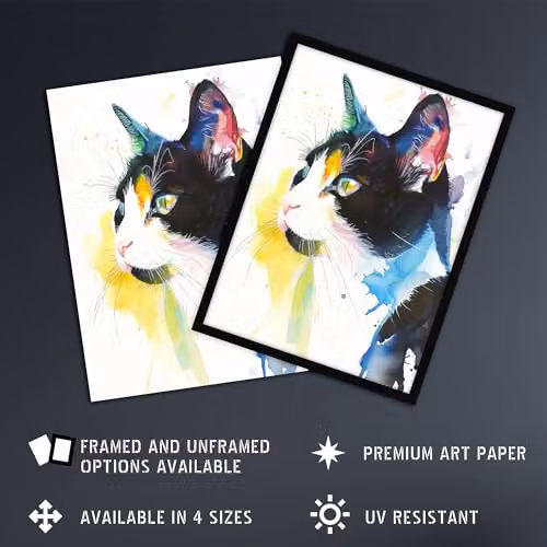 Artery8 Tuxedo Black and White Cat Watercolour Framed Wall Art Print, W: 29.7 cm, H: 32.3 cm – 2