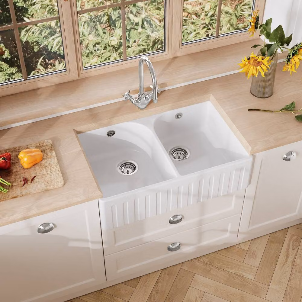 Balterley White Ceramic Fireclay Double Bowl Fluted Front Butler Kitchen Sink with Brushed Nickel Undermount Finish – 2