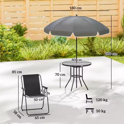 Outsunny 6 Piece Garden Furniture Set with Round Glass Table and Folding Chairs in Black – 4