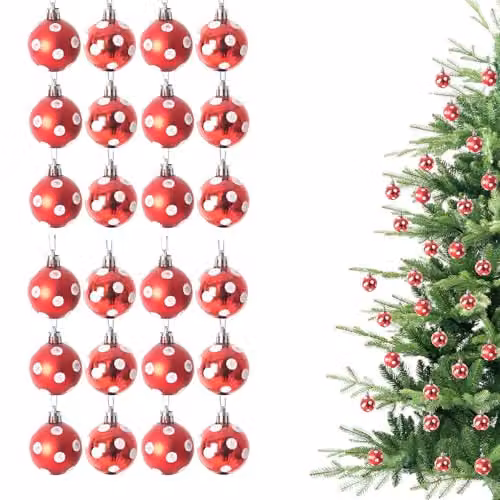 Shatchi Christmas Bauble Hanging Decorations, Red and White Polka Dot Plastic Ornaments, 24 Pack, Diameter: 3 cm – 1
