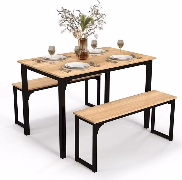 NESTLUNE 3 Piece Industrial Dining Set with Square Wood Table in Brown, W/D/H: 100 x 100 x 100 cm