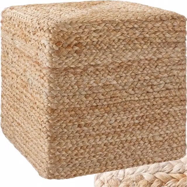 TECTAKE Banno Cube Footstool in Boho Style with Natural Rattan and Beige Fabric
