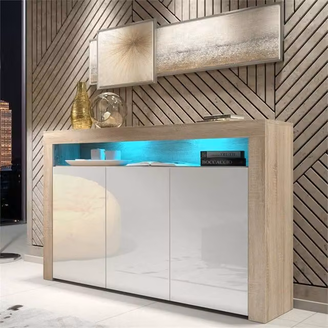 PAWNORA Modern TV Stand Sideboard with Oak Matt Body and White Gloss Doors in Brown