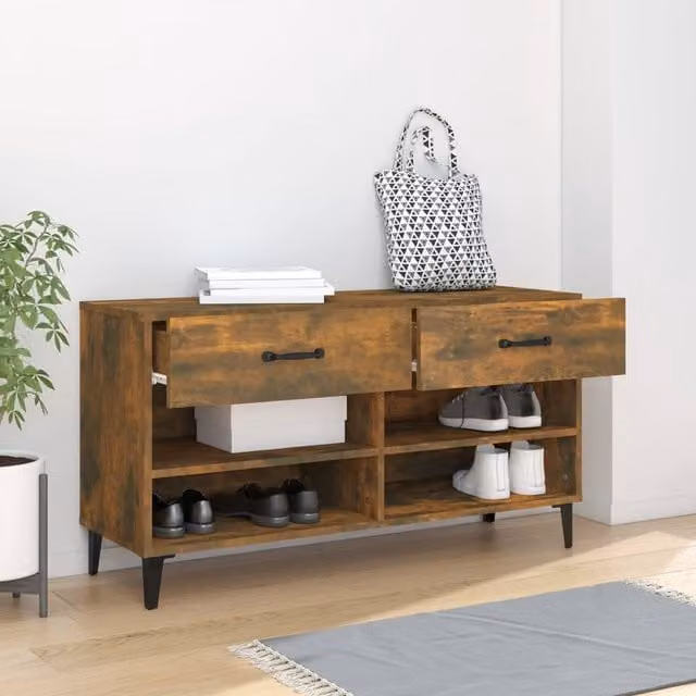 Berkfield Home Smoked Oak Shoe Cabinet in Brown, W/D/H: 102 x 35 x 55 cm