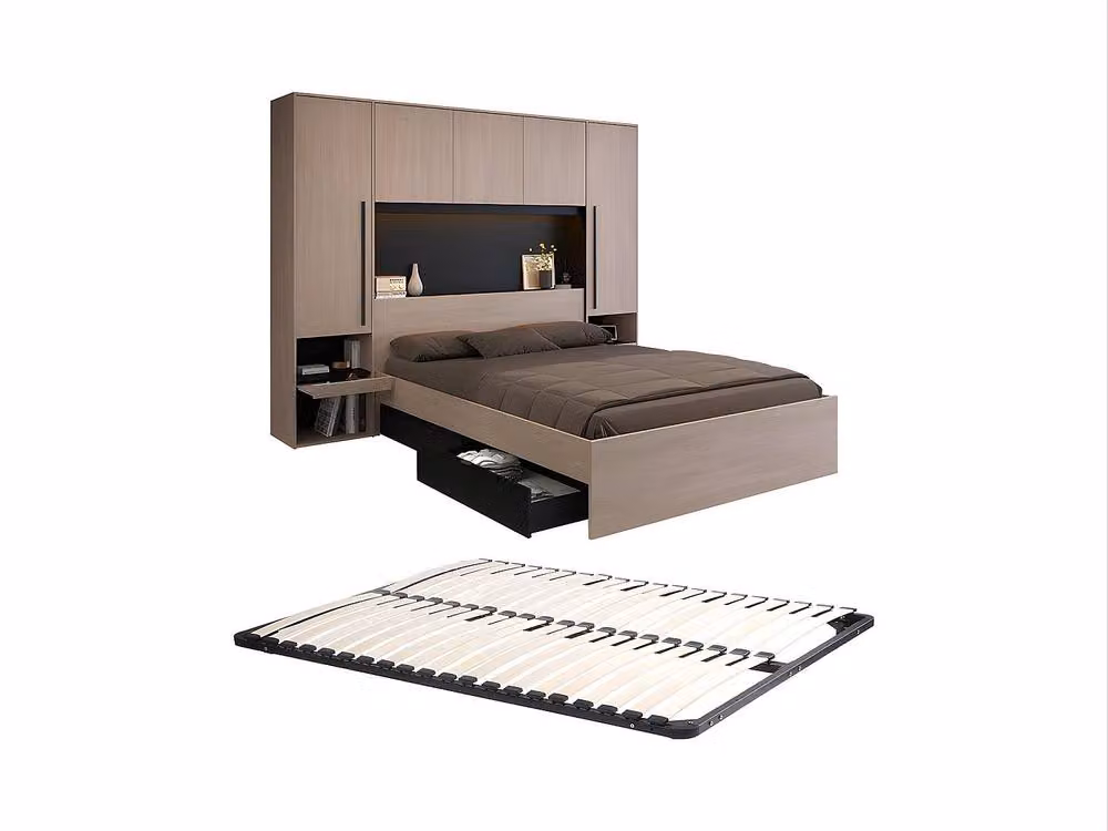 Vente-unique Overbed Unit with Storage, LEDs and Bed Base, Black, 140 x 190 cm – 2