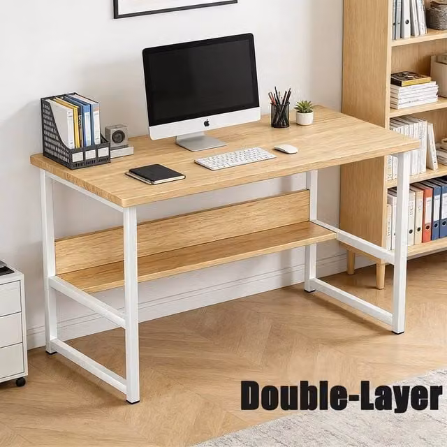 EONLION Computer Desk and Study Table in White and Light Oak, W: 100 cm