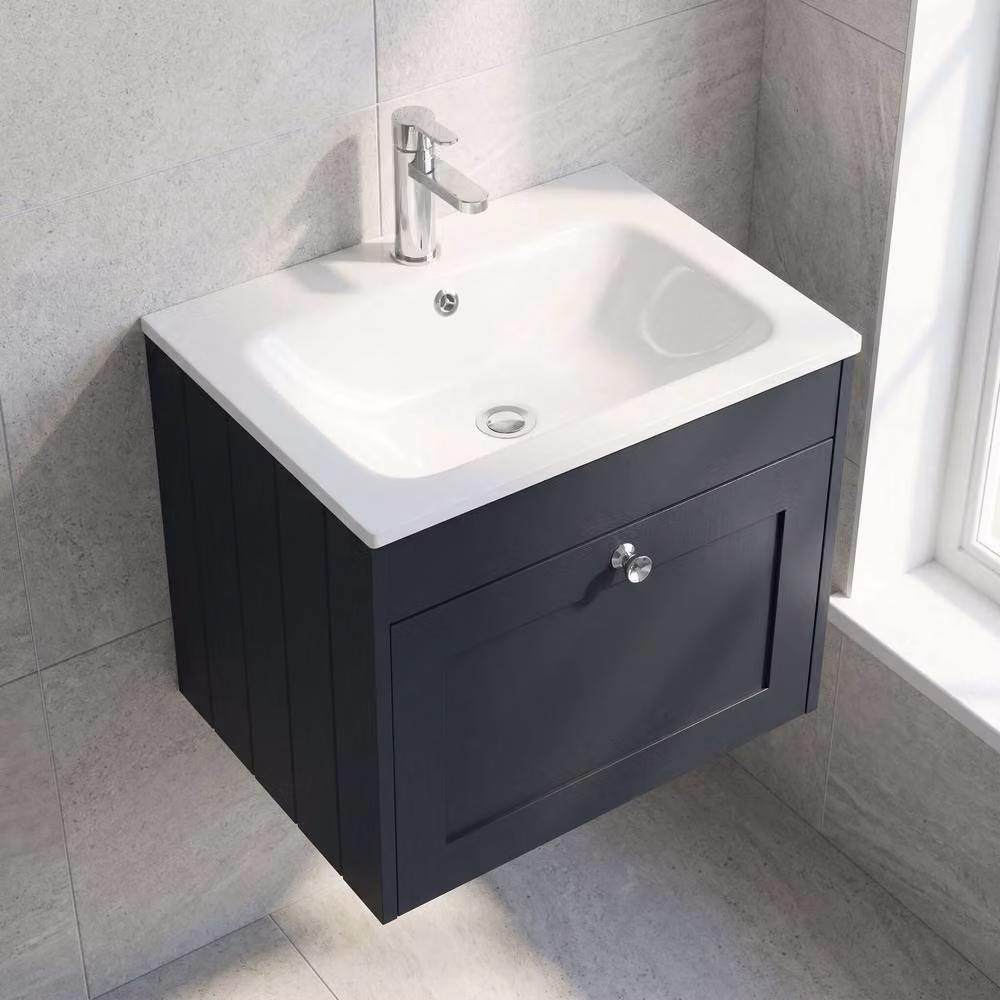 Balterley Modern Wall Hung Single Drawer Bathroom Vanity Unit with Stone Basin in Matt Dark Grey W/D/H: 60.0 x 45.3 x 43.1 cm – 3