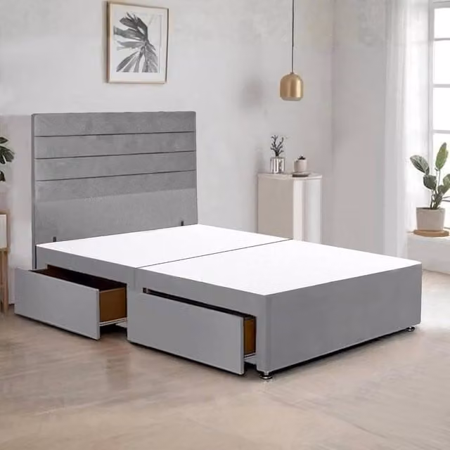 Bed Time UK Plush Upholstered Divan Bed Frame with 2 Drawers and 48 inch Headboard in Grey, W/D/H: 140 x 200 cm