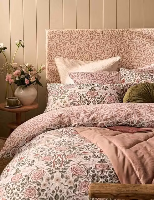 Laura Ashley Set of 2 Reversible Pink Floral Mako Satin Pure Cotton Pillowcases