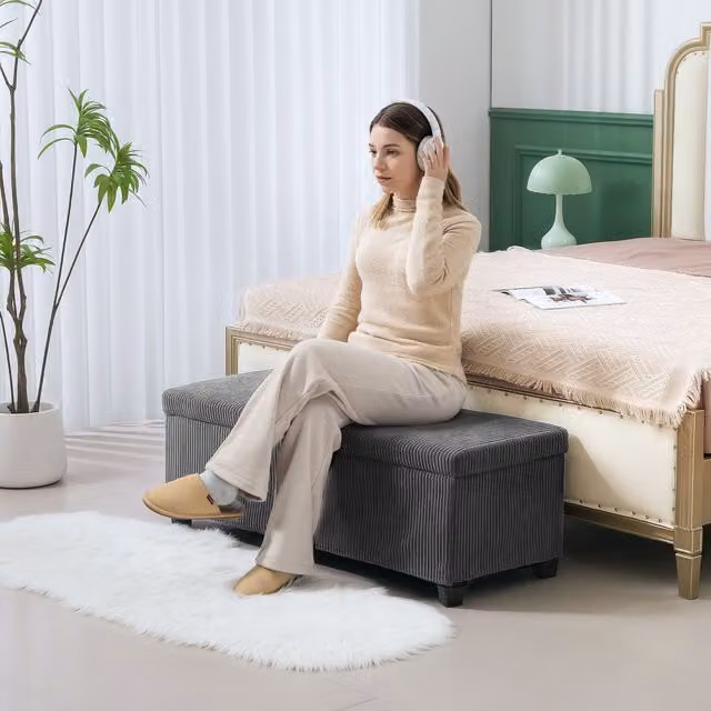 HOMCOM Corduroy Storage Ottoman Bench in Grey, W: 112 cm, D: 42 cm, H: 40 cm – 6