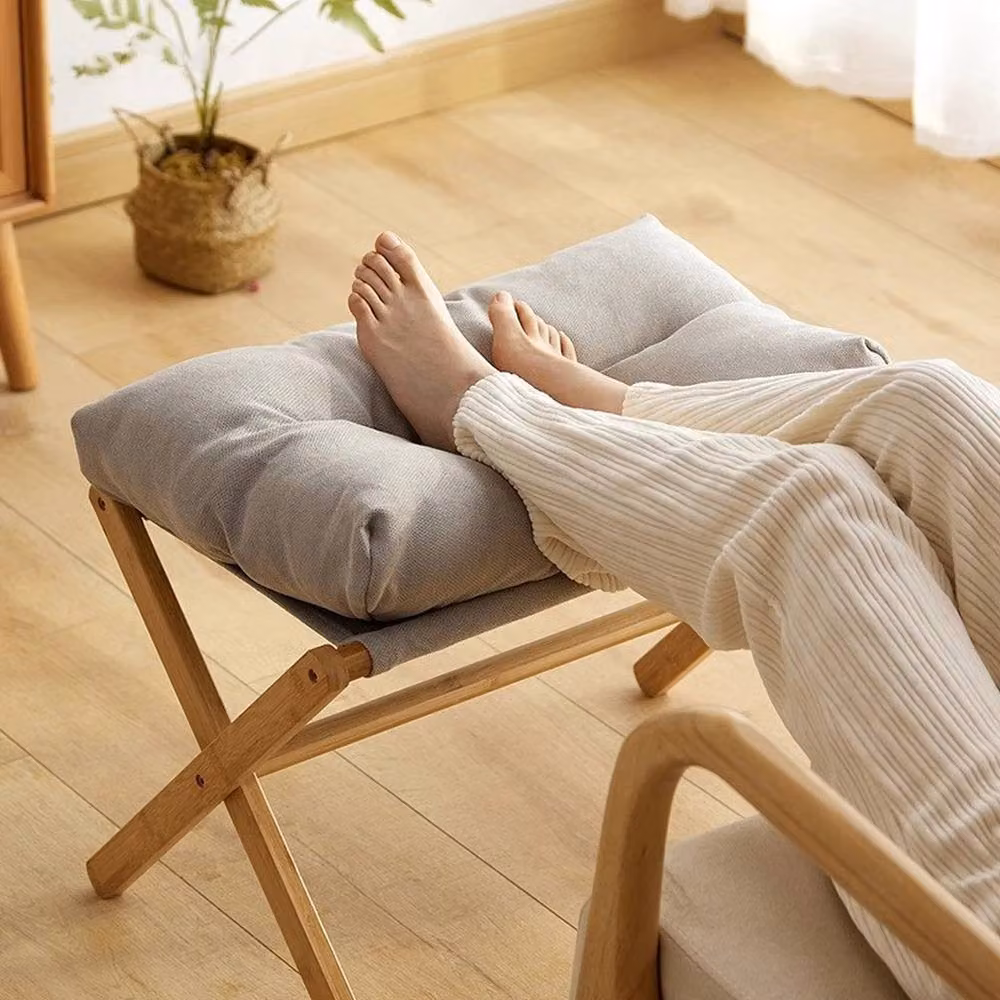 FORGEVIO Foldable Footstool with Bamboo Legs and Grey Fabric Soft Pad – 3