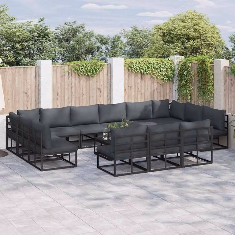Berkfield Home 14 Piece U-Shape Garden Sofa Set with Cushions and Pillows in Black Powder Coated Aluminium
