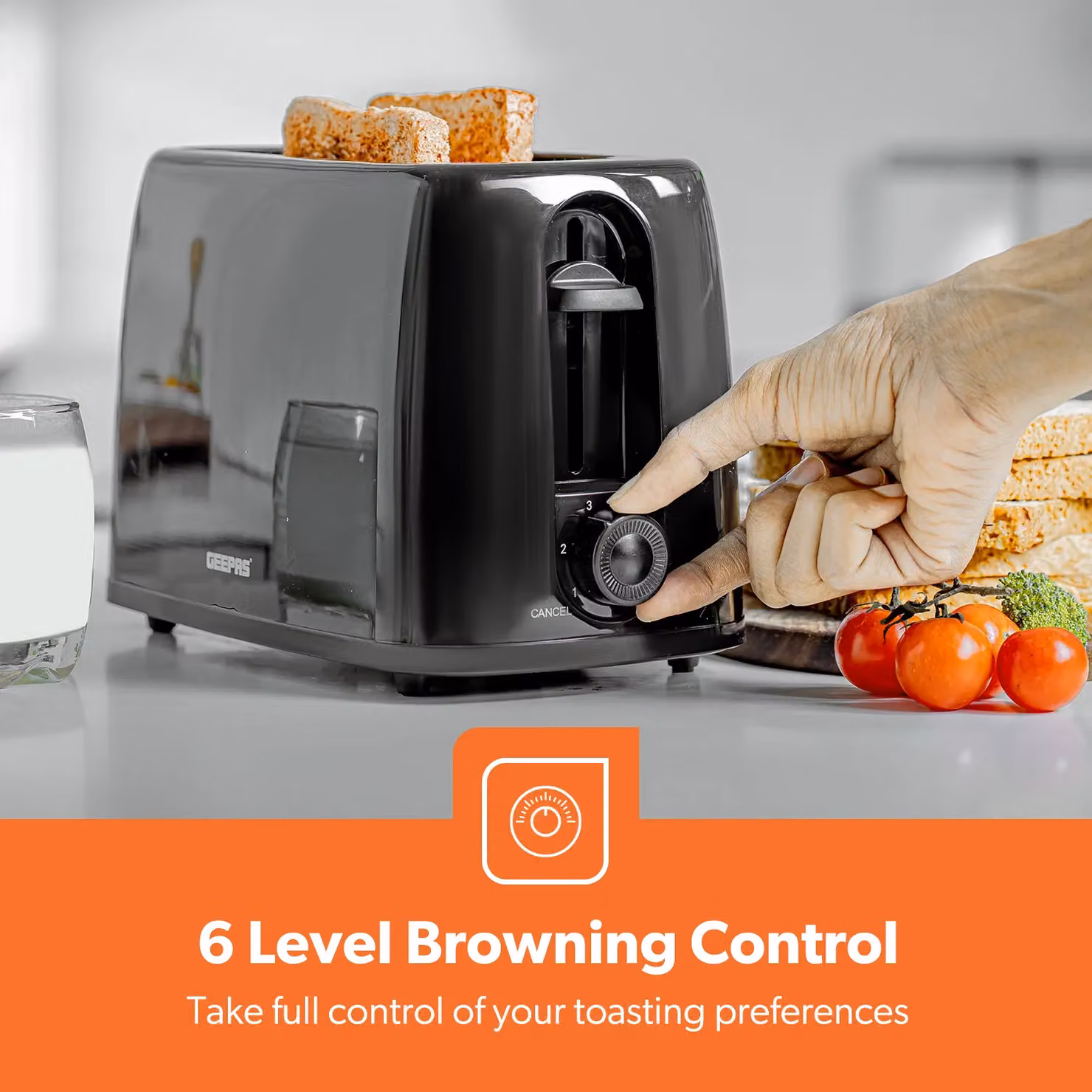 Geepas 2 Slice Bread Toaster with 6 Level Browning Control and Crumb Tray in Black – 3