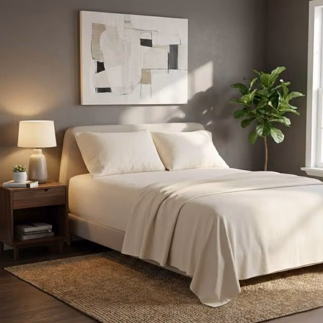 Snug City Plain Beige Brushed Cotton Flannelette Fitted Sheet, Flat Sheet and Pillowcase Set – 1