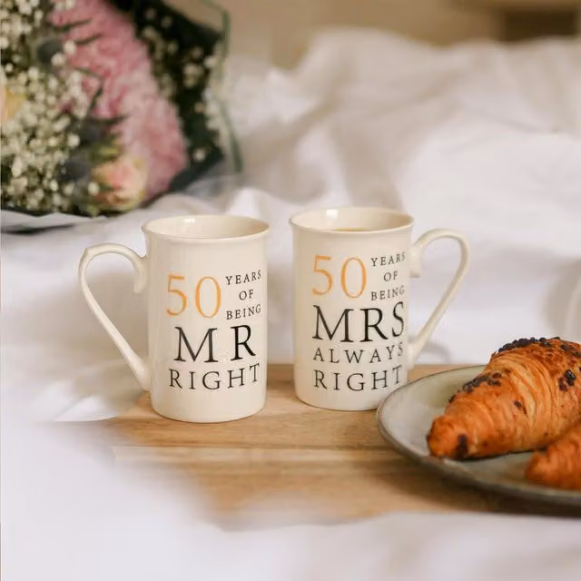 Nicola Spring 50th Anniversary New Bone China Mug Set, 2 x 300ml, White and Black
